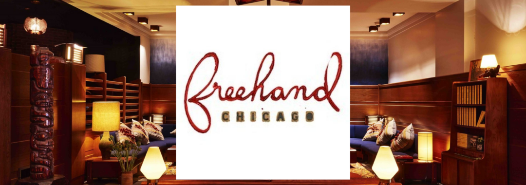 Photo of luxurious, rustic hotel room with a logo overlaid for Freehand Chicago.